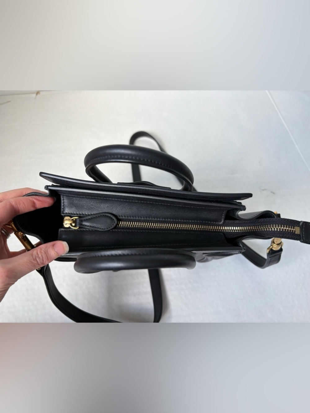 Celine Black Leather Luggage Nano Top Handle Bag Crossbody Gold Hardware Zip - Picture 8 of 14